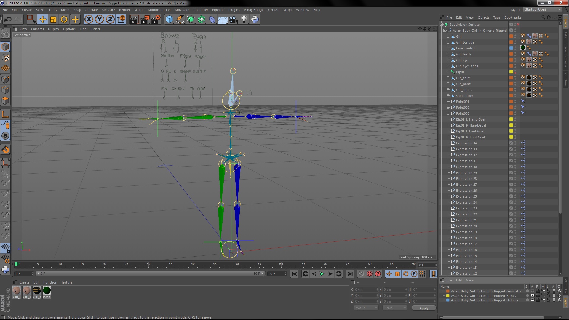 3D Asian Baby Girl in Kimono Rigged for Cinema 4D