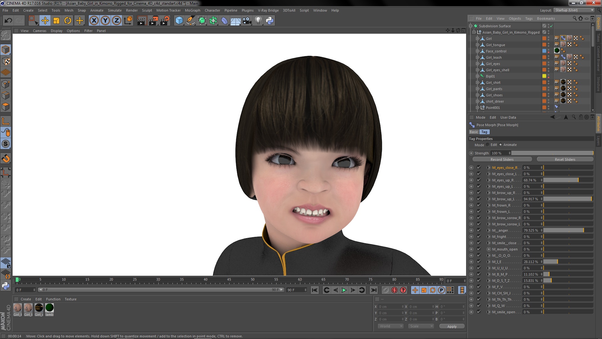 3D Asian Baby Girl in Kimono Rigged for Cinema 4D
