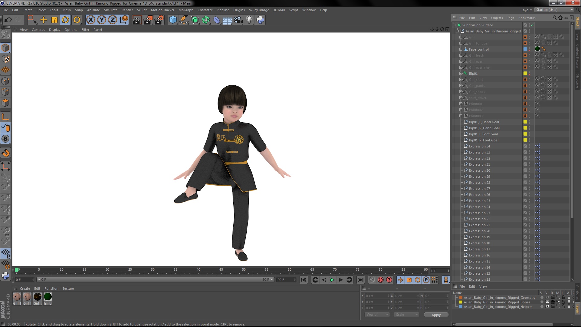 3D Asian Baby Girl in Kimono Rigged for Cinema 4D