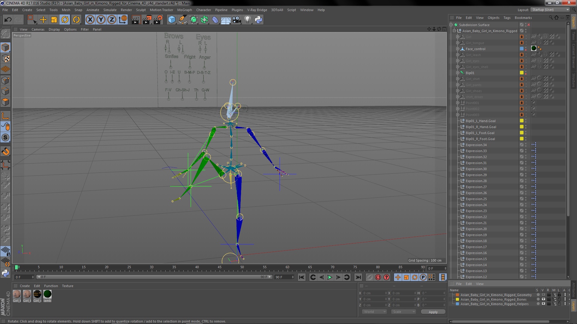 3D Asian Baby Girl in Kimono Rigged for Cinema 4D