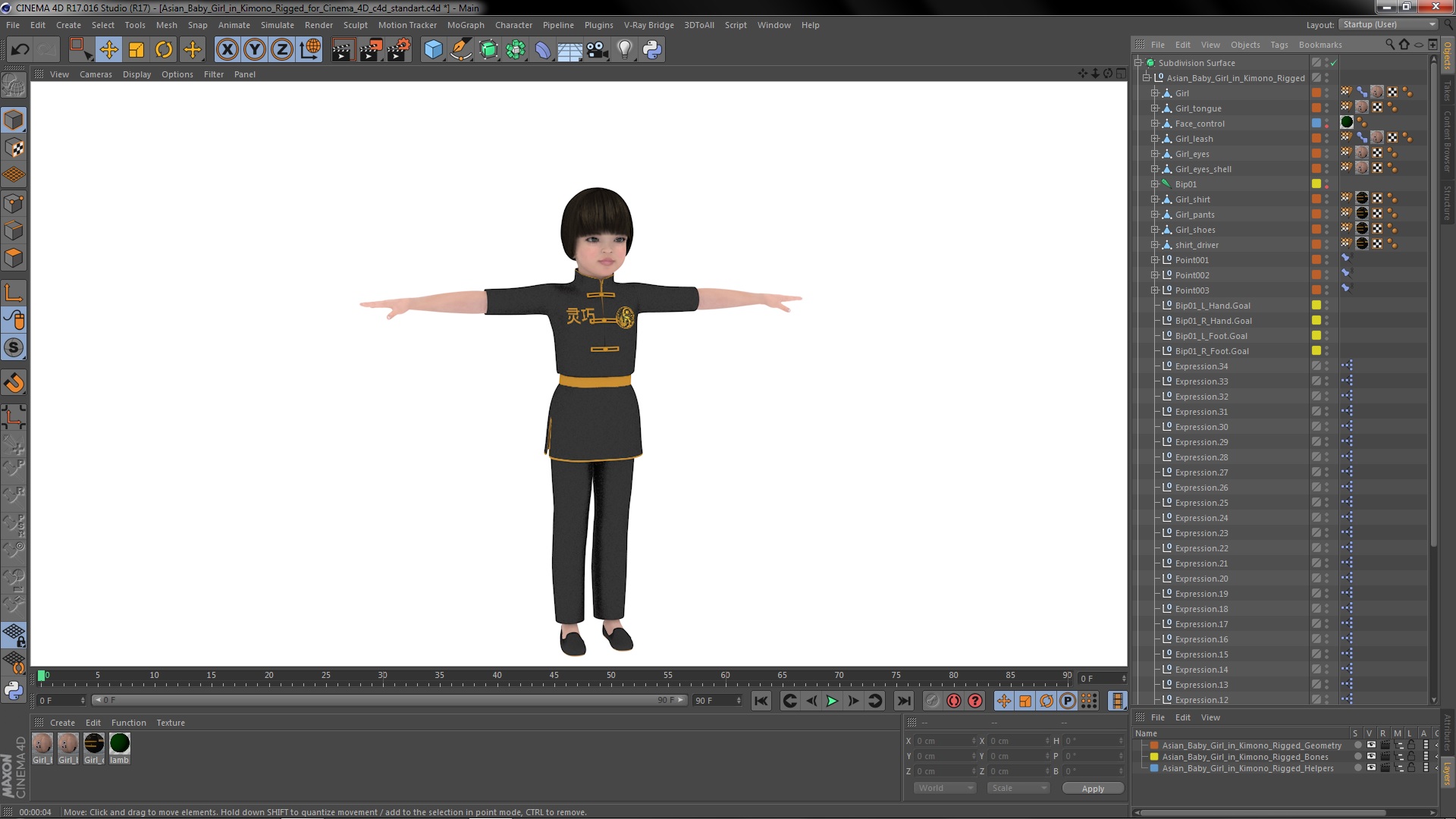 3D Asian Baby Girl in Kimono Rigged for Cinema 4D
