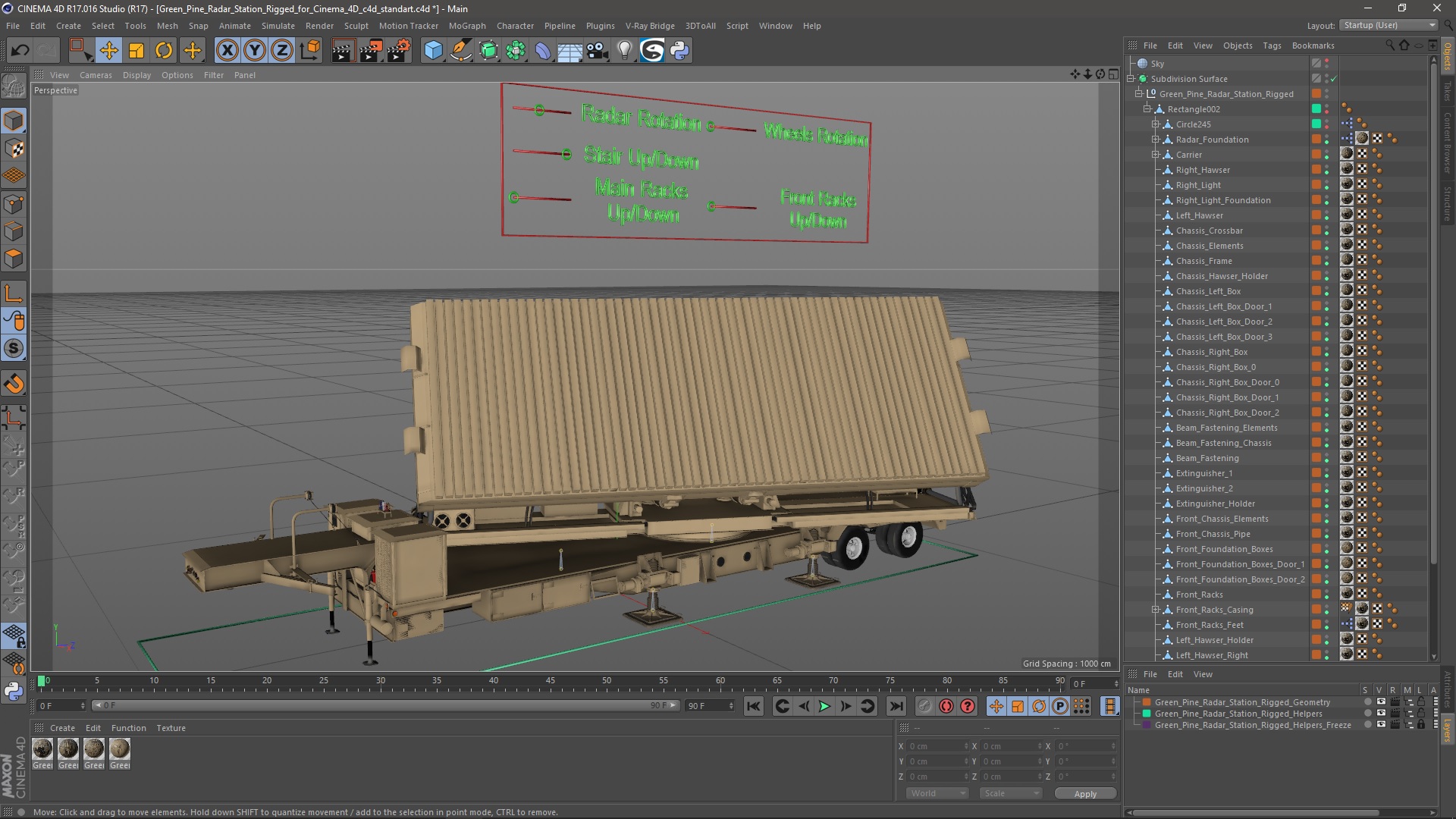 3D model Green Pine Radar Station Rigged for Cinema 4D