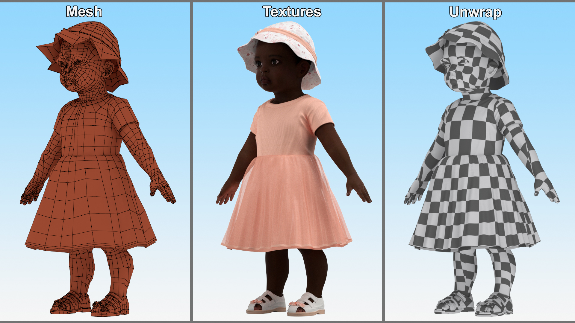 Black Baby Girl in Summer Outfit A-Pose 3D model