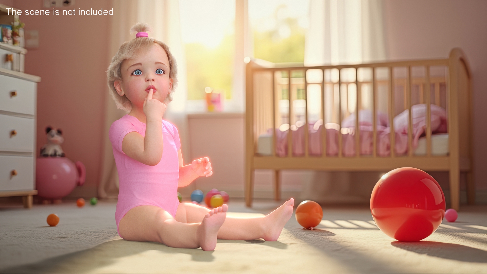 3D Baby Girl Wearing Bodysuit Sitting Fur model