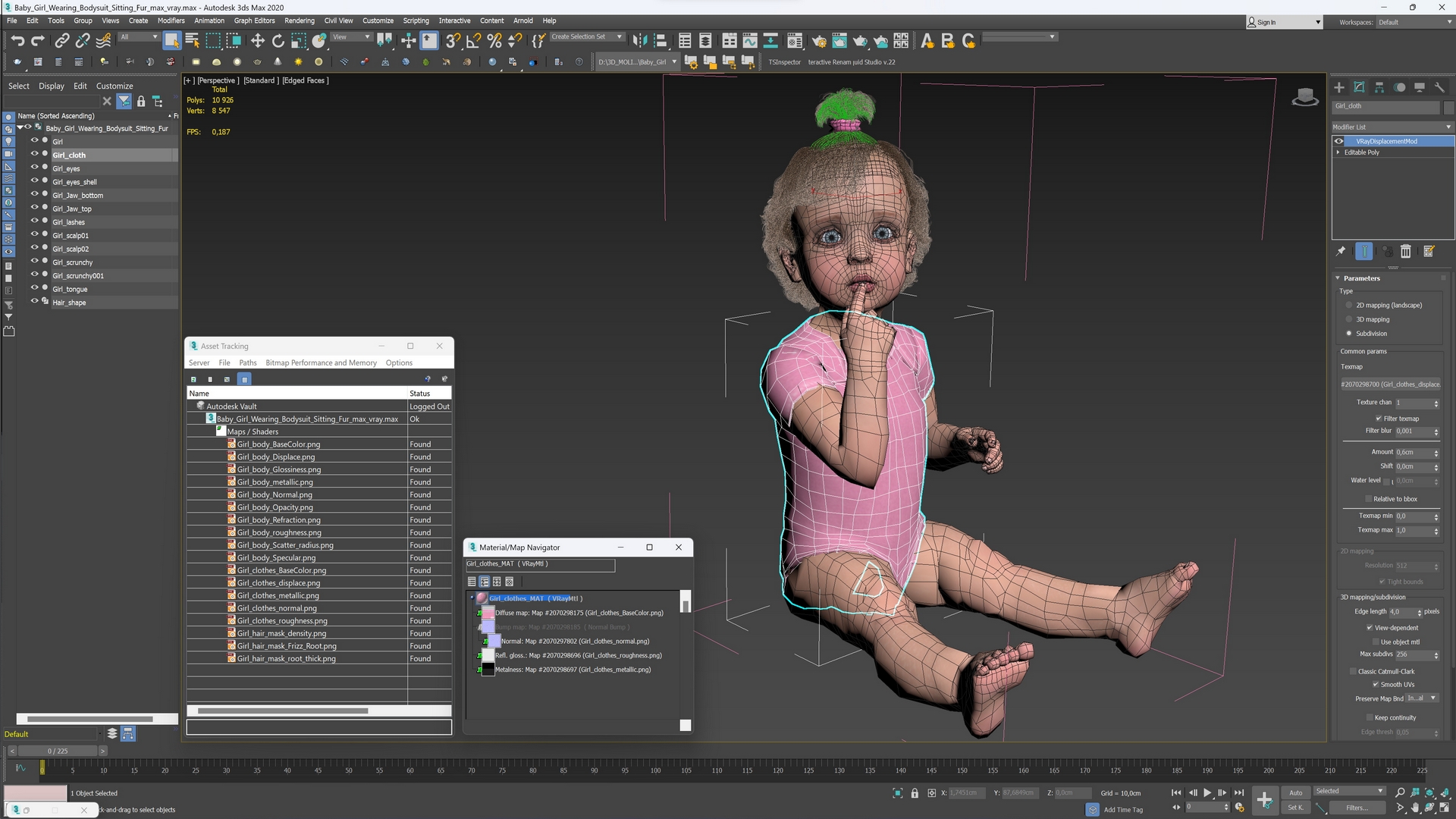 3D Baby Girl Wearing Bodysuit Sitting Fur model