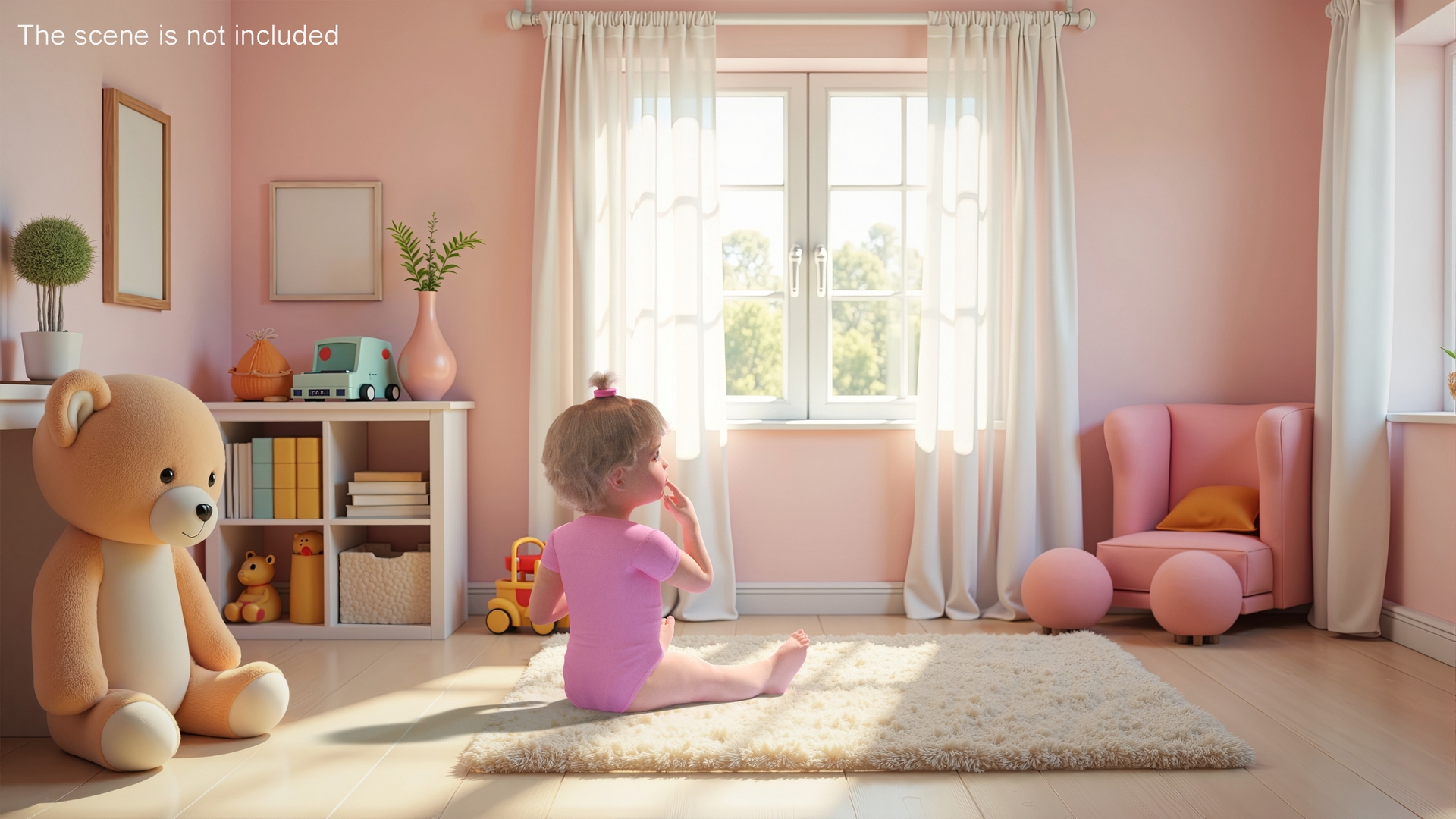 3D Baby Girl Wearing Bodysuit Sitting Fur model