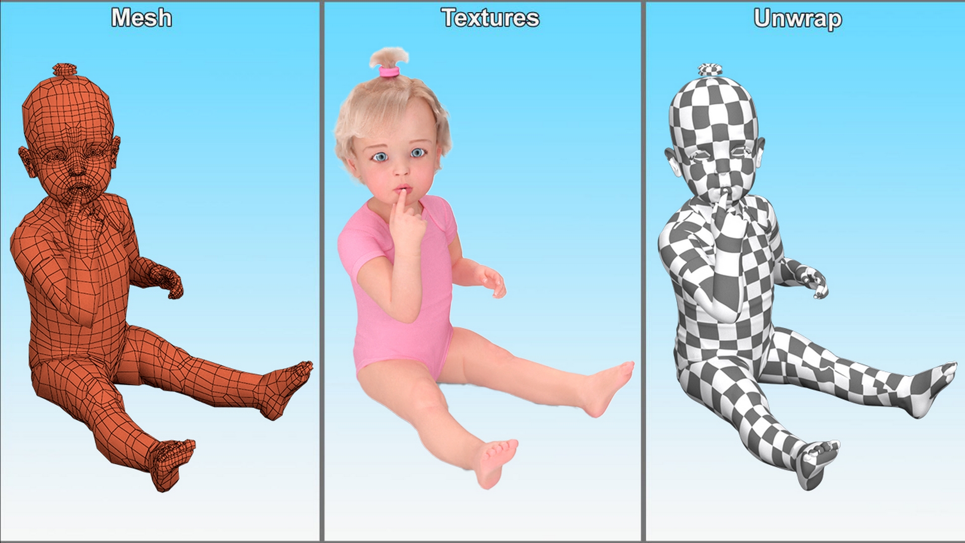 3D Baby Girl Wearing Bodysuit Sitting Fur model