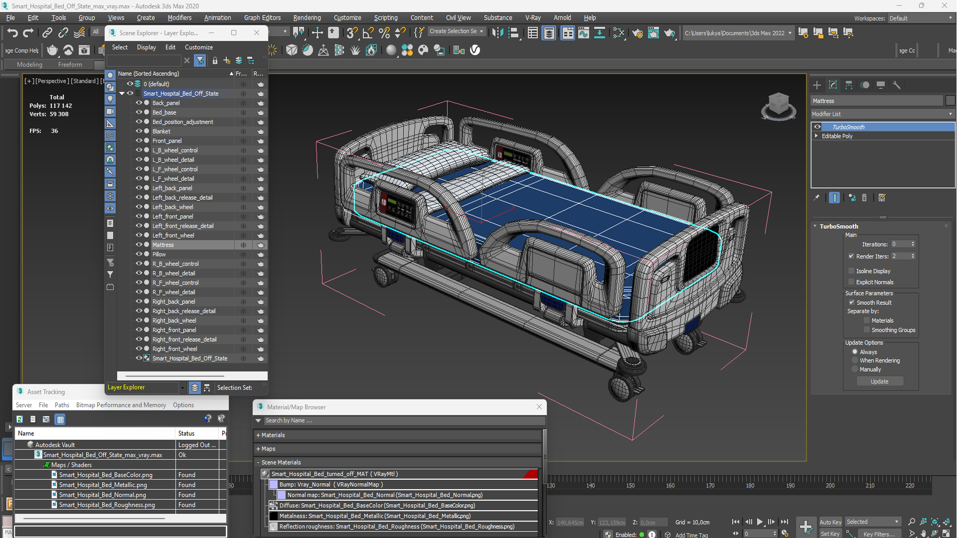 3D Smart Hospital Bed Off State model