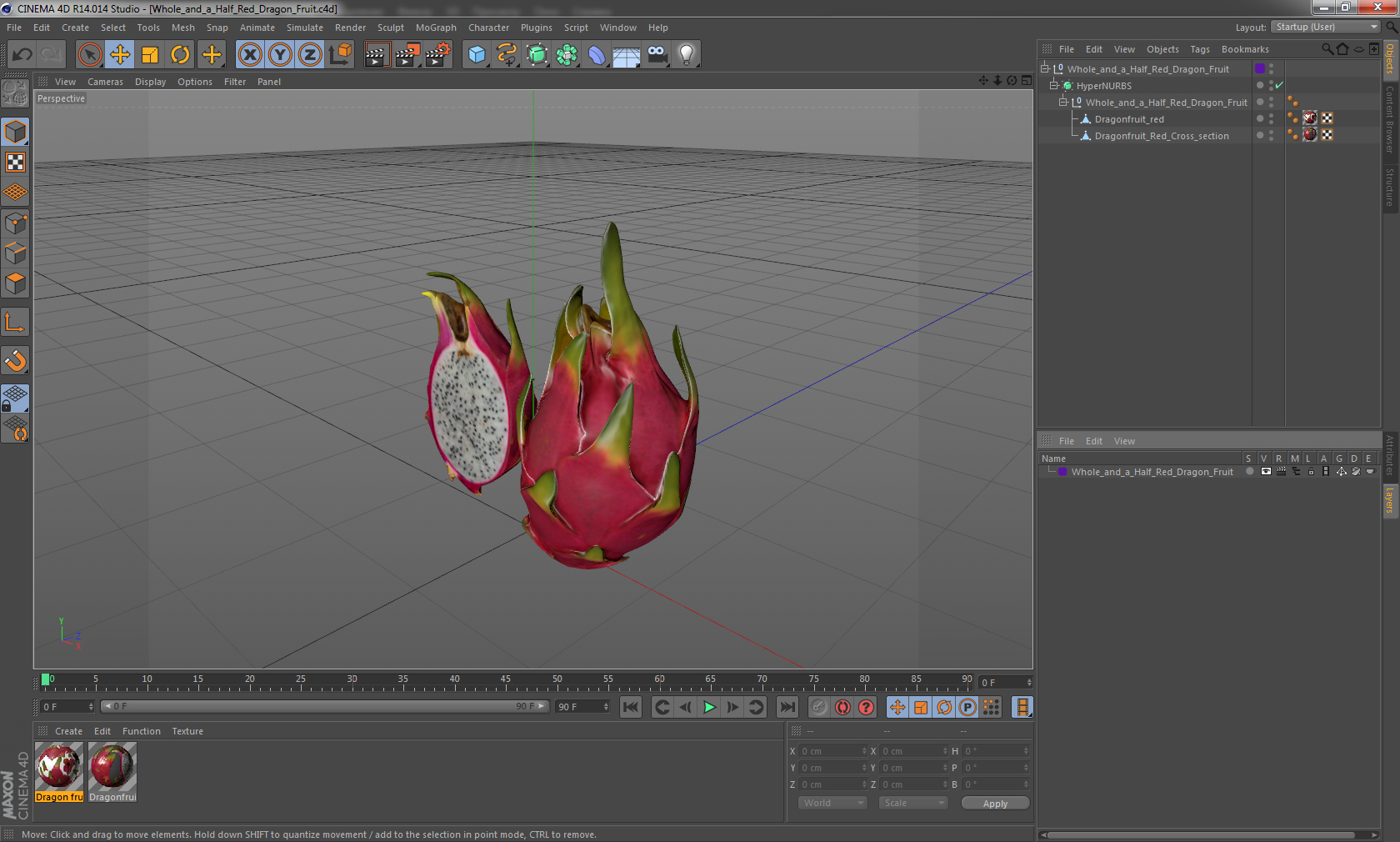 3D Whole and a Half Red Dragon Fruit model