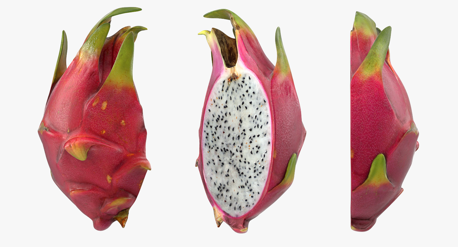 3D Whole and a Half Red Dragon Fruit model