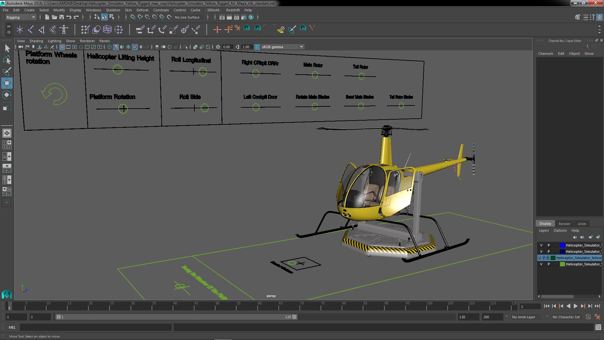 3D Helicopter Simulator Yellow Rigged for Maya model