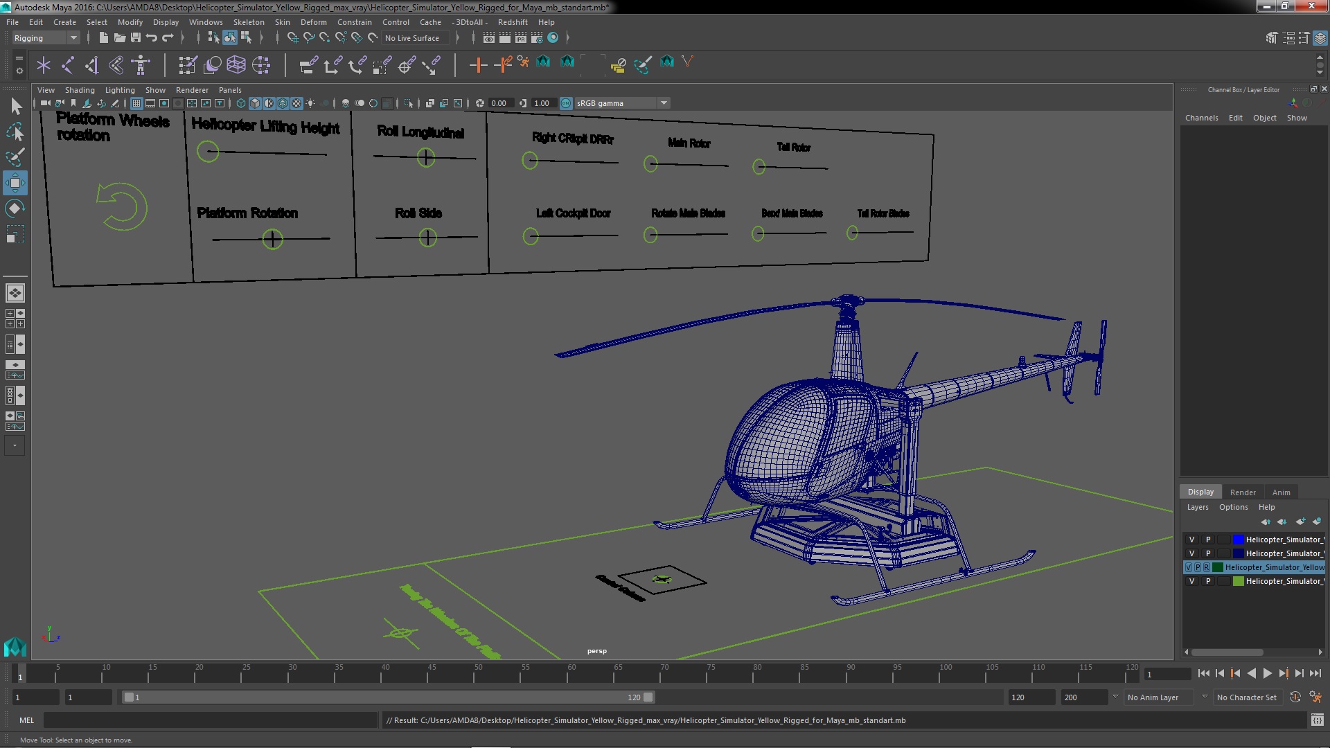 3D Helicopter Simulator Yellow Rigged for Maya model