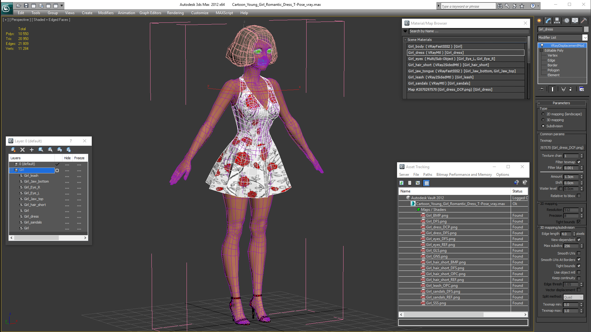 3D model Cartoon Young Girl Romantic Dress T-Pose