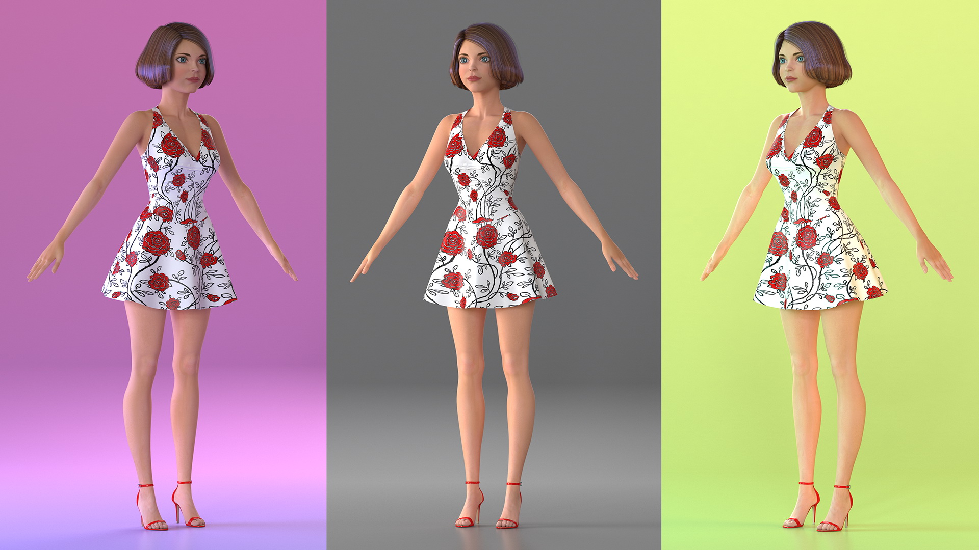 3D model Cartoon Young Girl Romantic Dress T-Pose