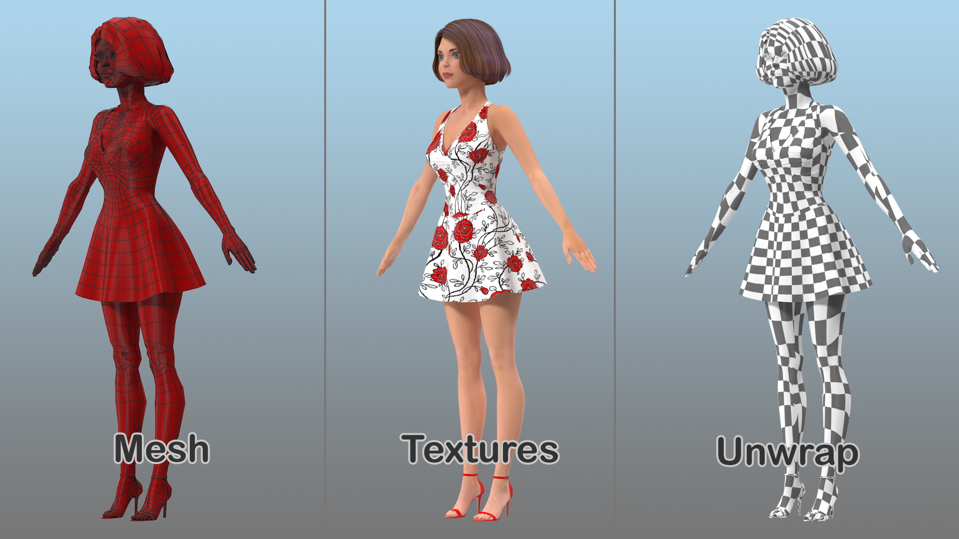 3D model Cartoon Young Girl Romantic Dress T-Pose