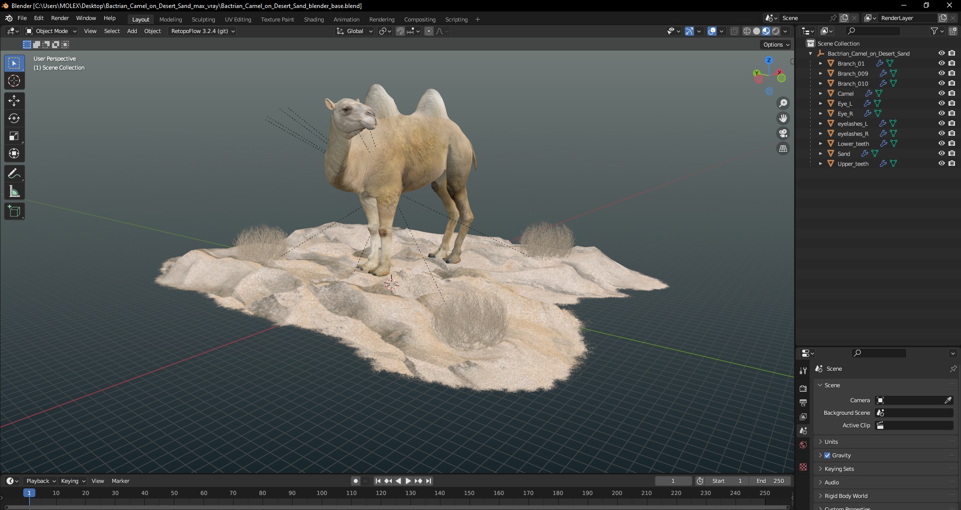 Bactrian Camel on Desert Sand 3D model