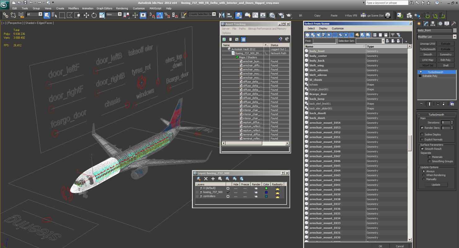 Boeing 737 900 ER Delta with Interior and Doors Rigged 3D model