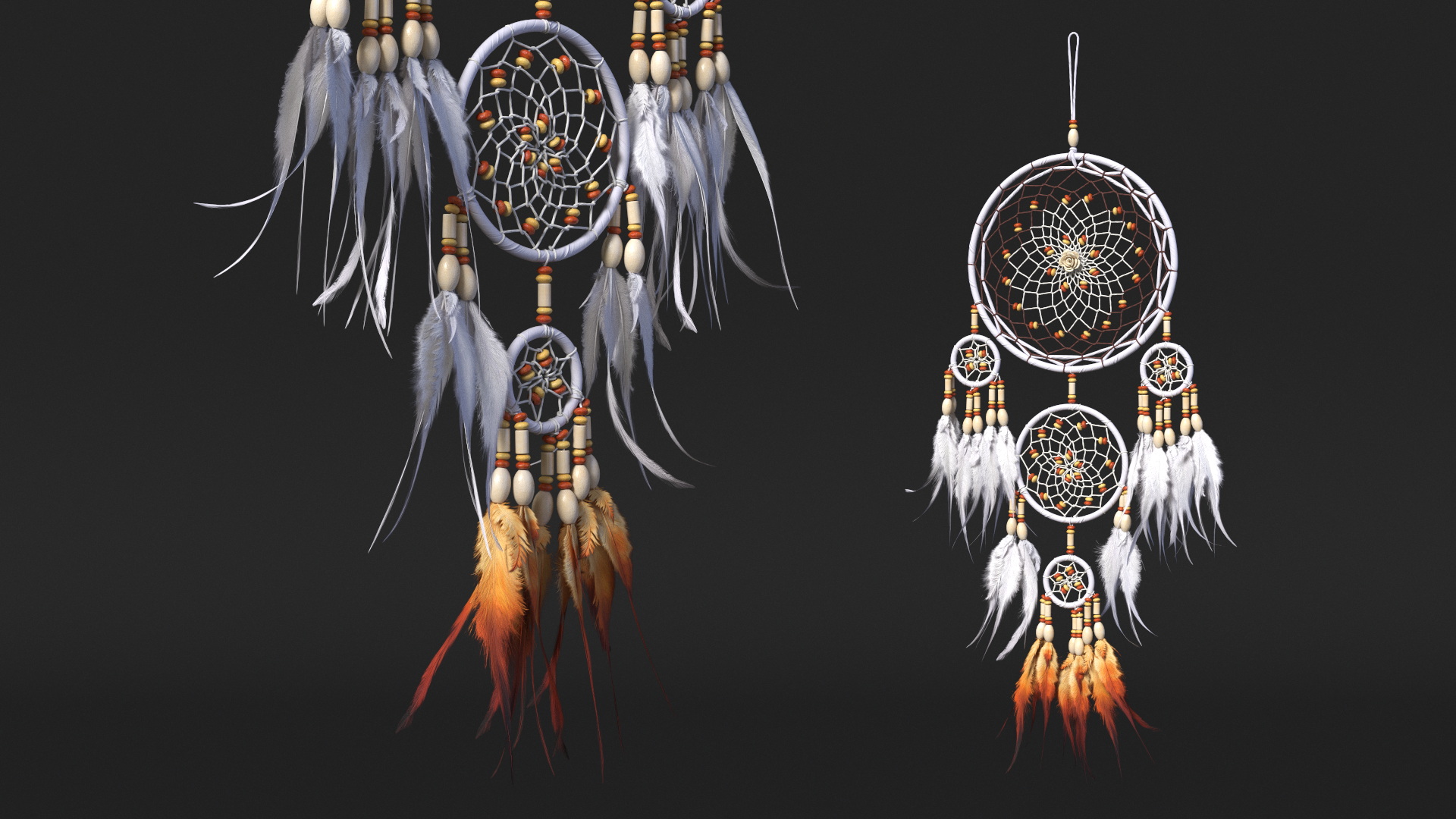 Dreamcatcher with Feathers and Beads Five Rings 3D