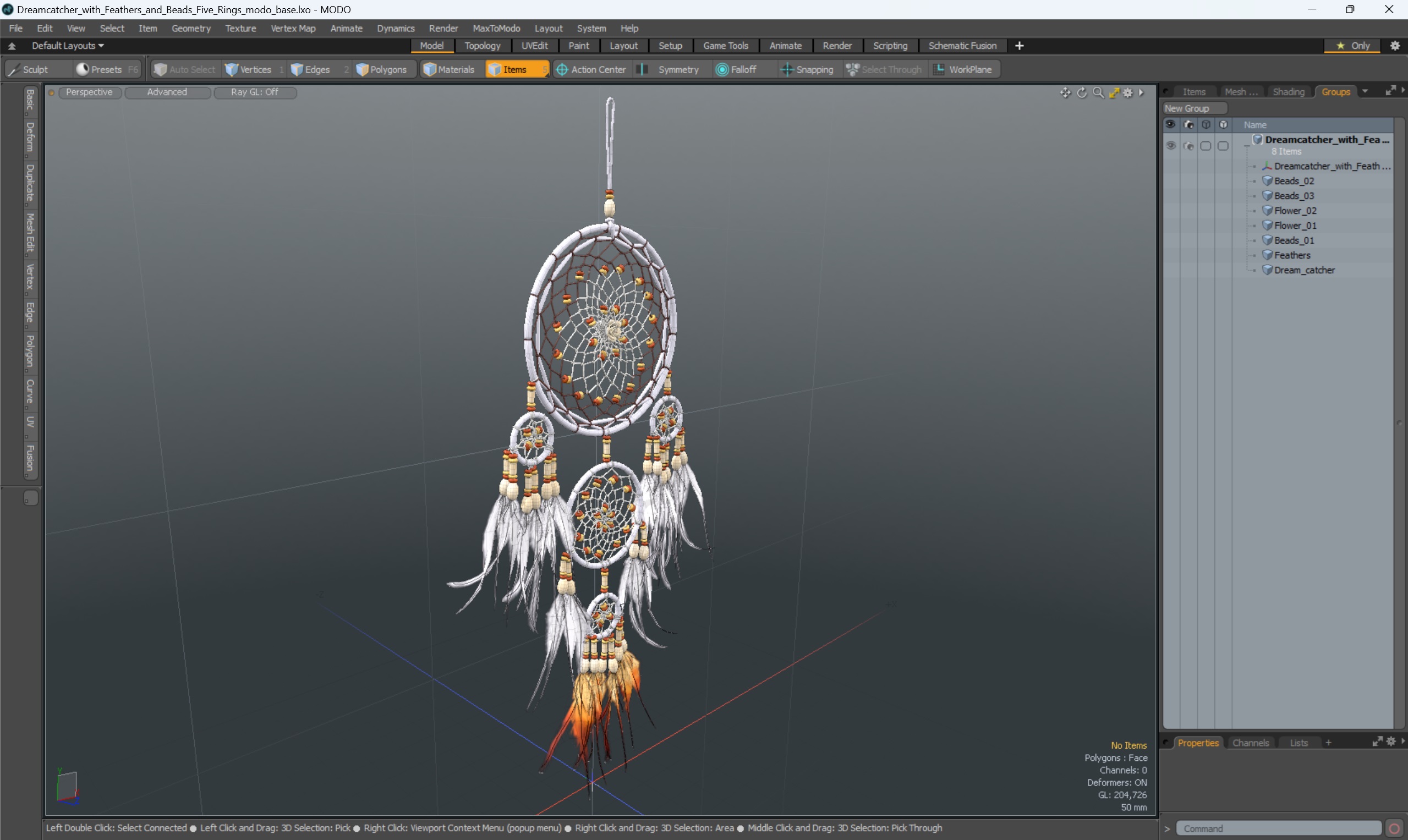 Dreamcatcher with Feathers and Beads Five Rings 3D
