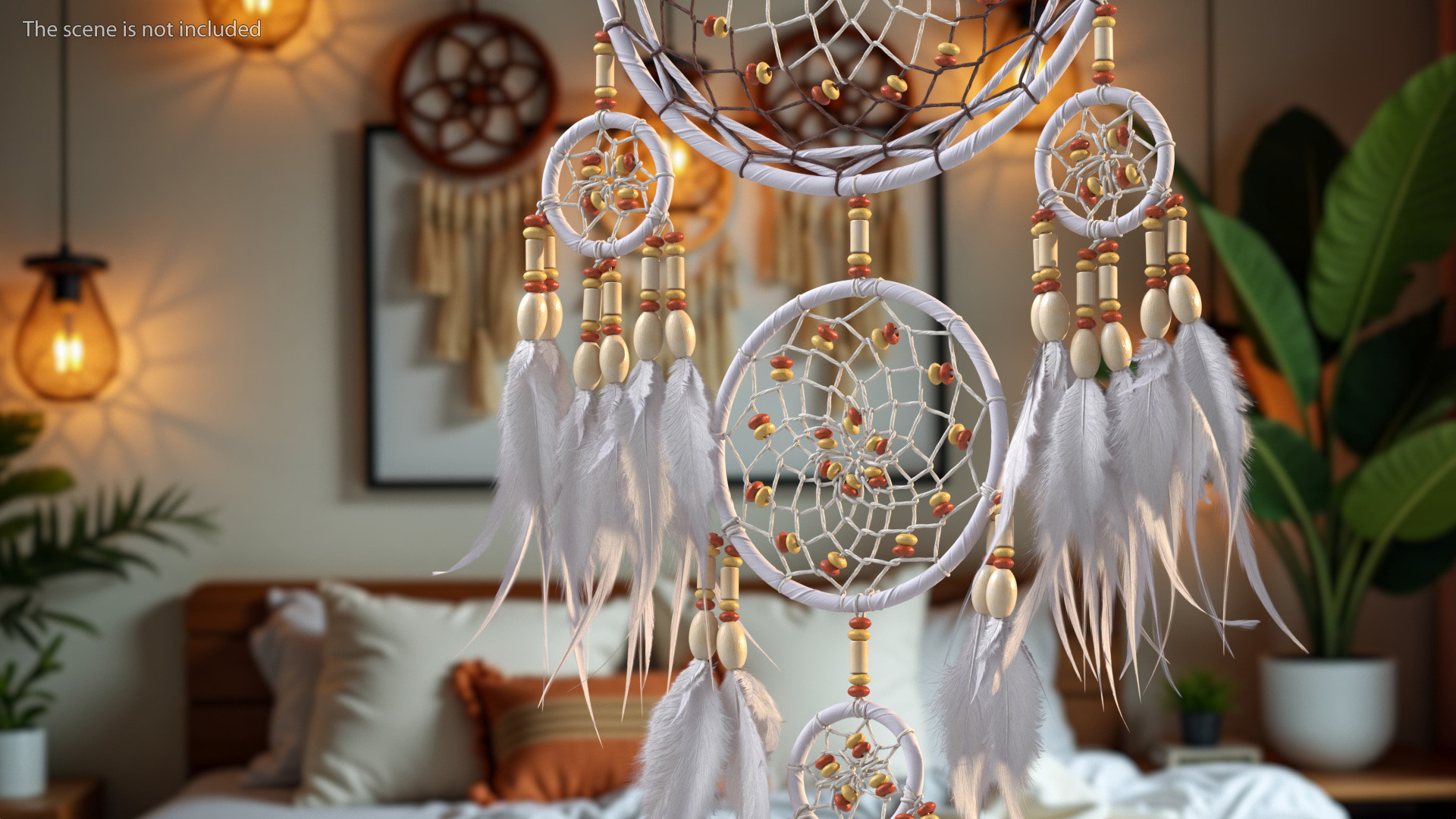 Dreamcatcher with Feathers and Beads Five Rings 3D