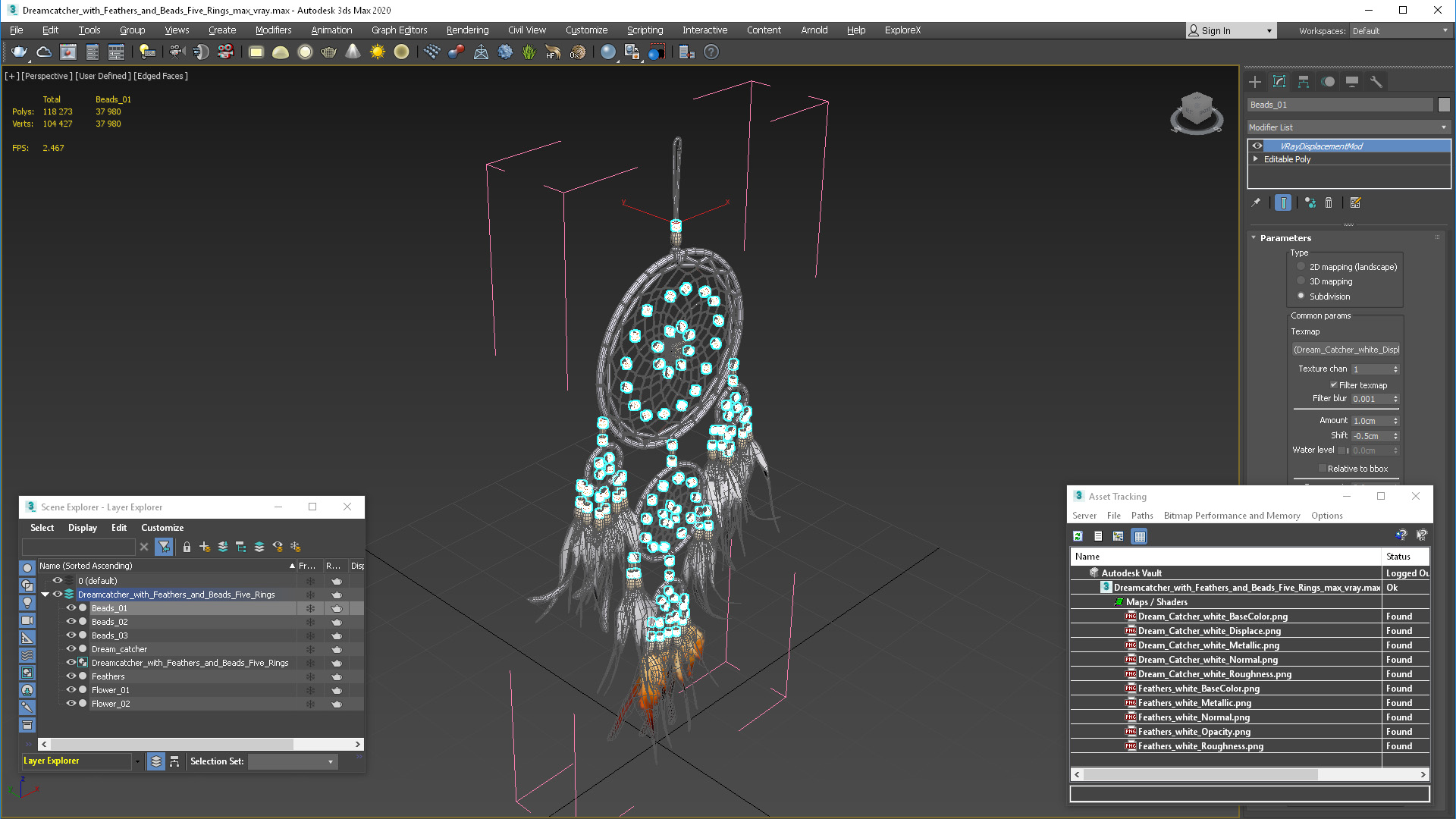 Dreamcatcher with Feathers and Beads Five Rings 3D