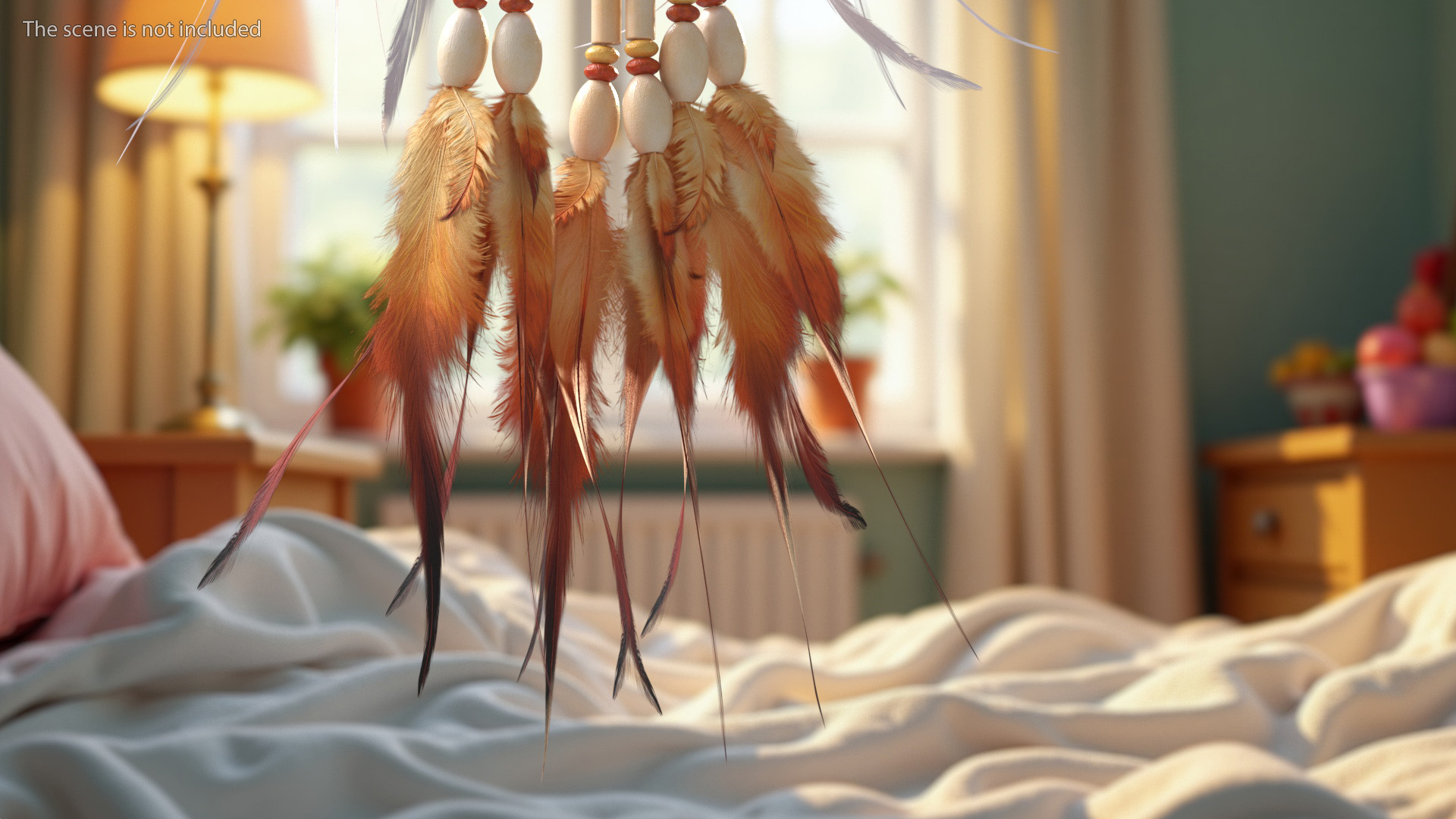 Dreamcatcher with Feathers and Beads Five Rings 3D