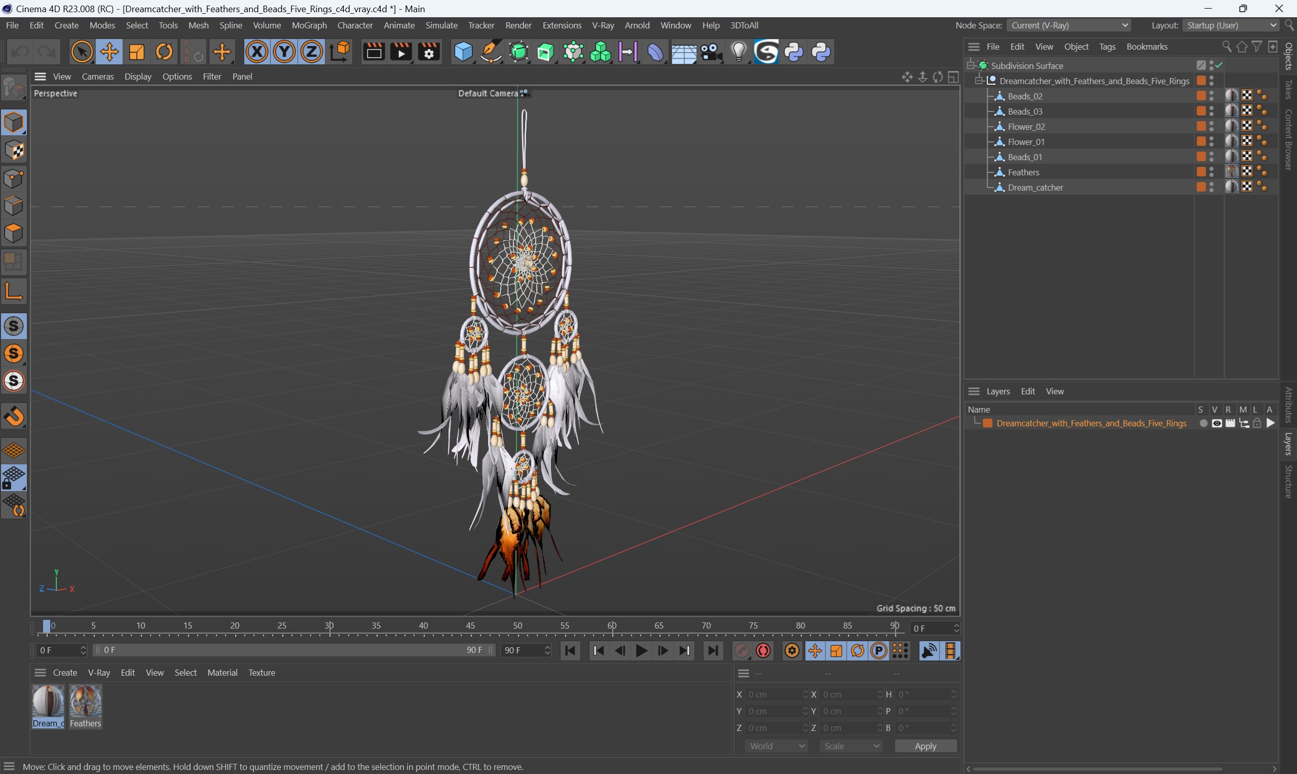 Dreamcatcher with Feathers and Beads Five Rings 3D