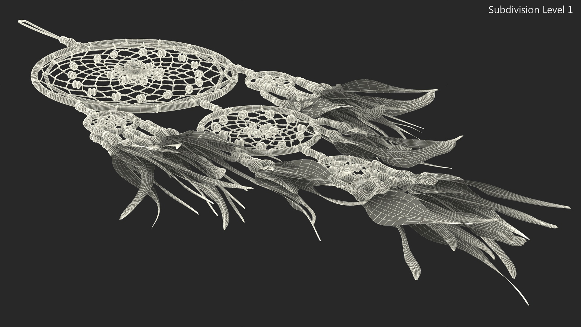 Dreamcatcher with Feathers and Beads Five Rings 3D