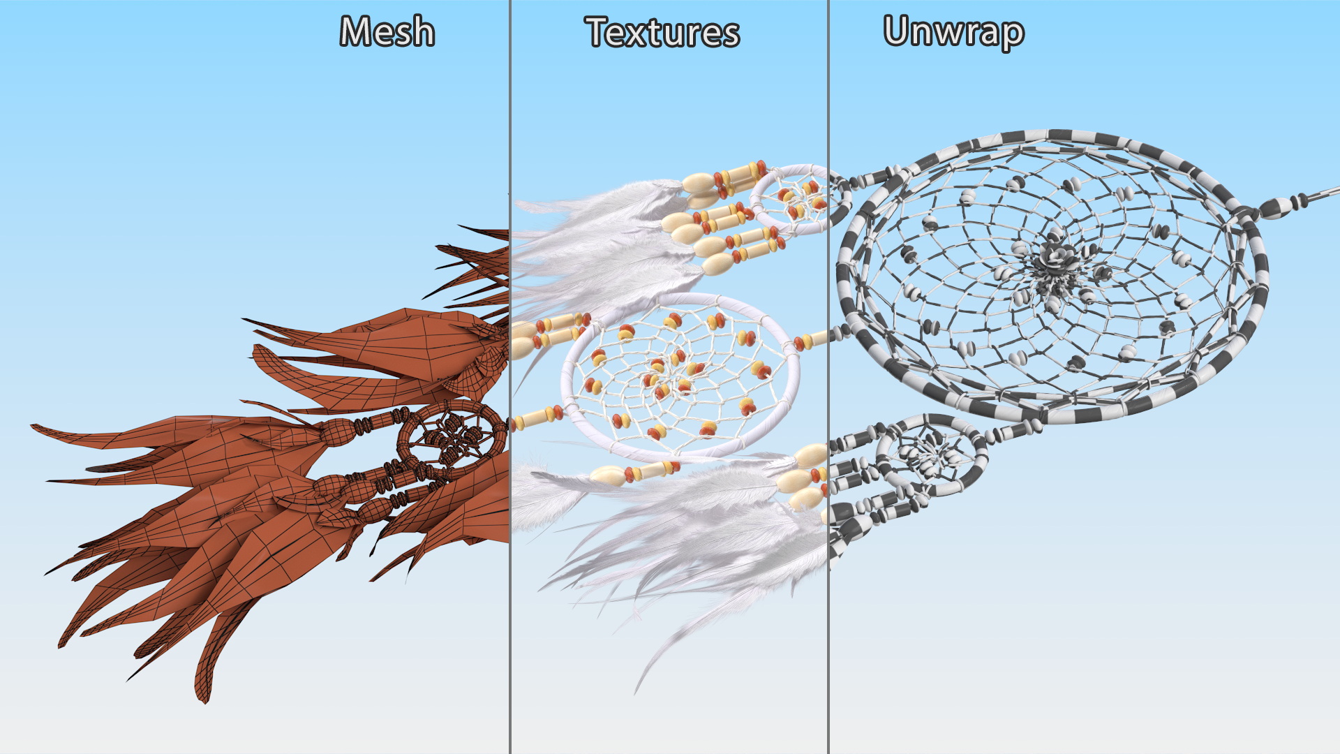 Dreamcatcher with Feathers and Beads Five Rings 3D