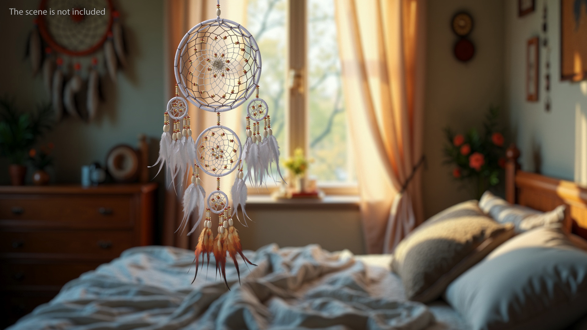 Dreamcatcher with Feathers and Beads Five Rings 3D
