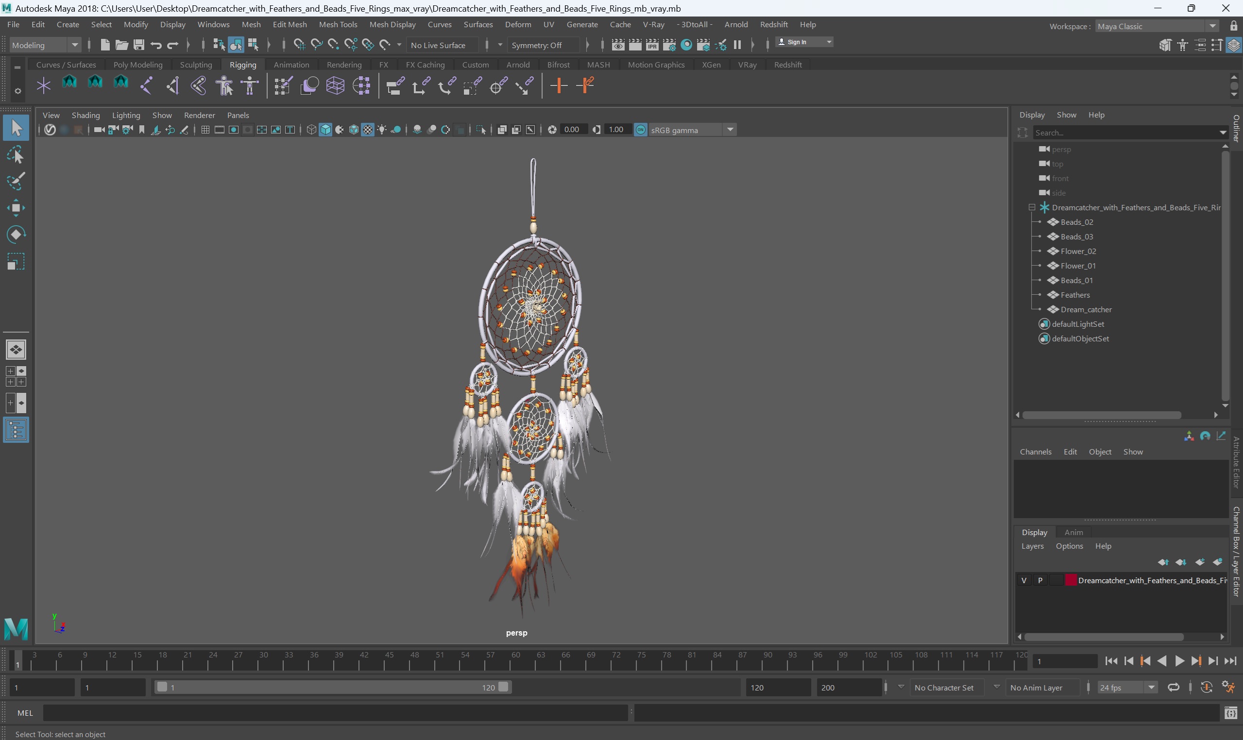 Dreamcatcher with Feathers and Beads Five Rings 3D