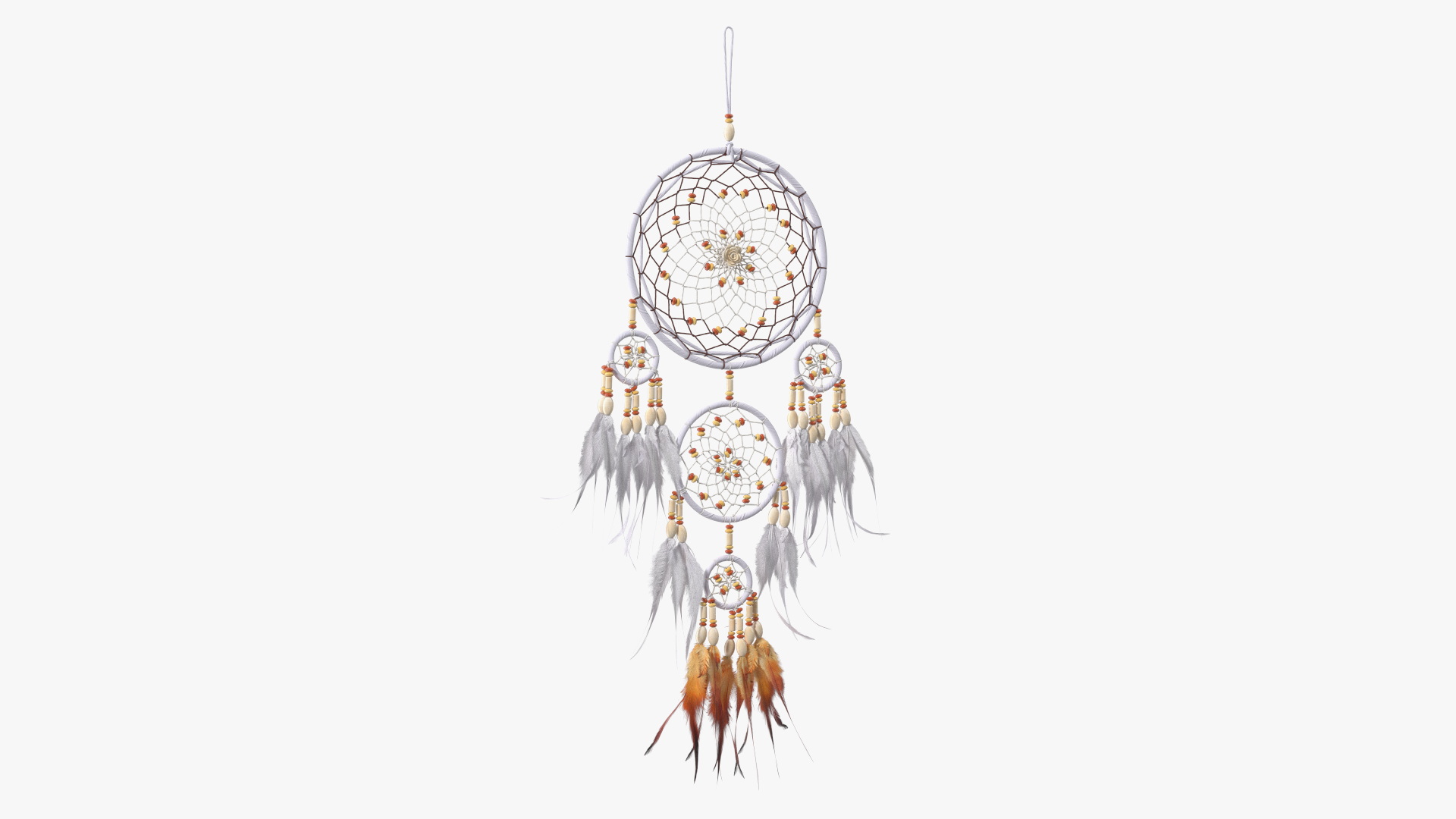 Dreamcatcher with Feathers and Beads Five Rings 3D