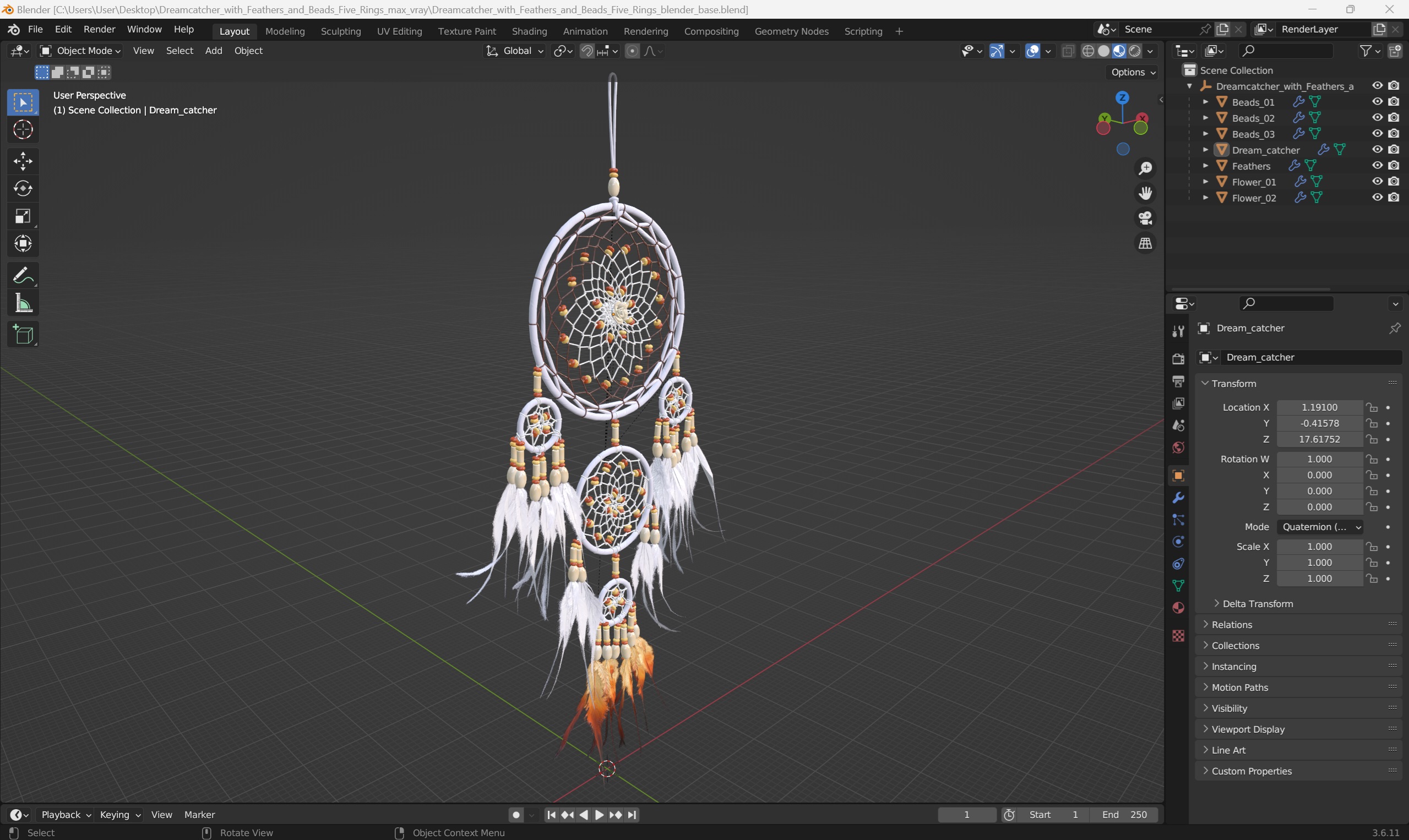 Dreamcatcher with Feathers and Beads Five Rings 3D