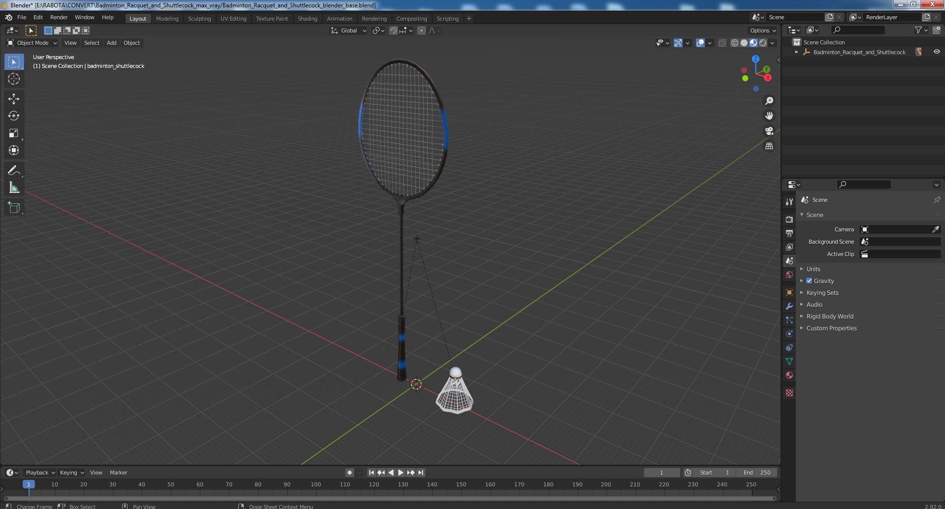 3D Badminton Racquet and Shuttlecock model