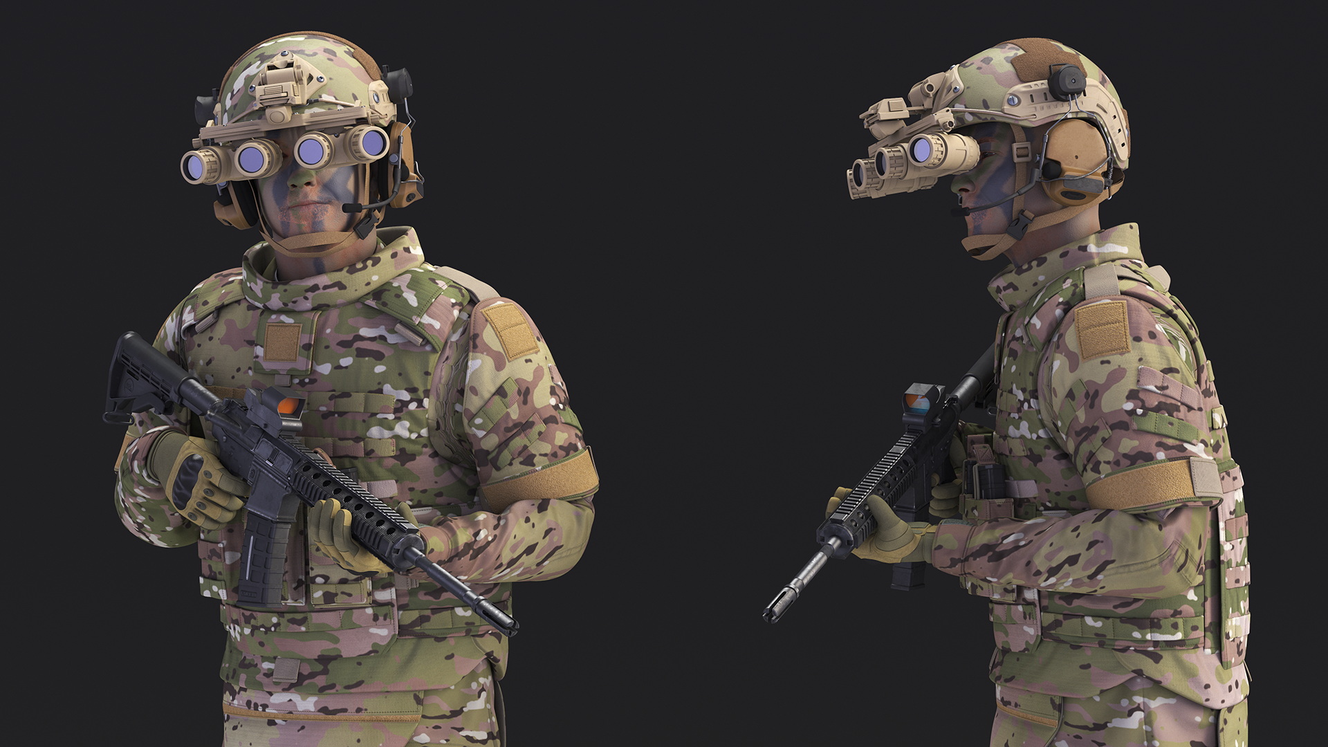 Soldier in Night Vision Goggles Green Camo Walking Fur 3D model