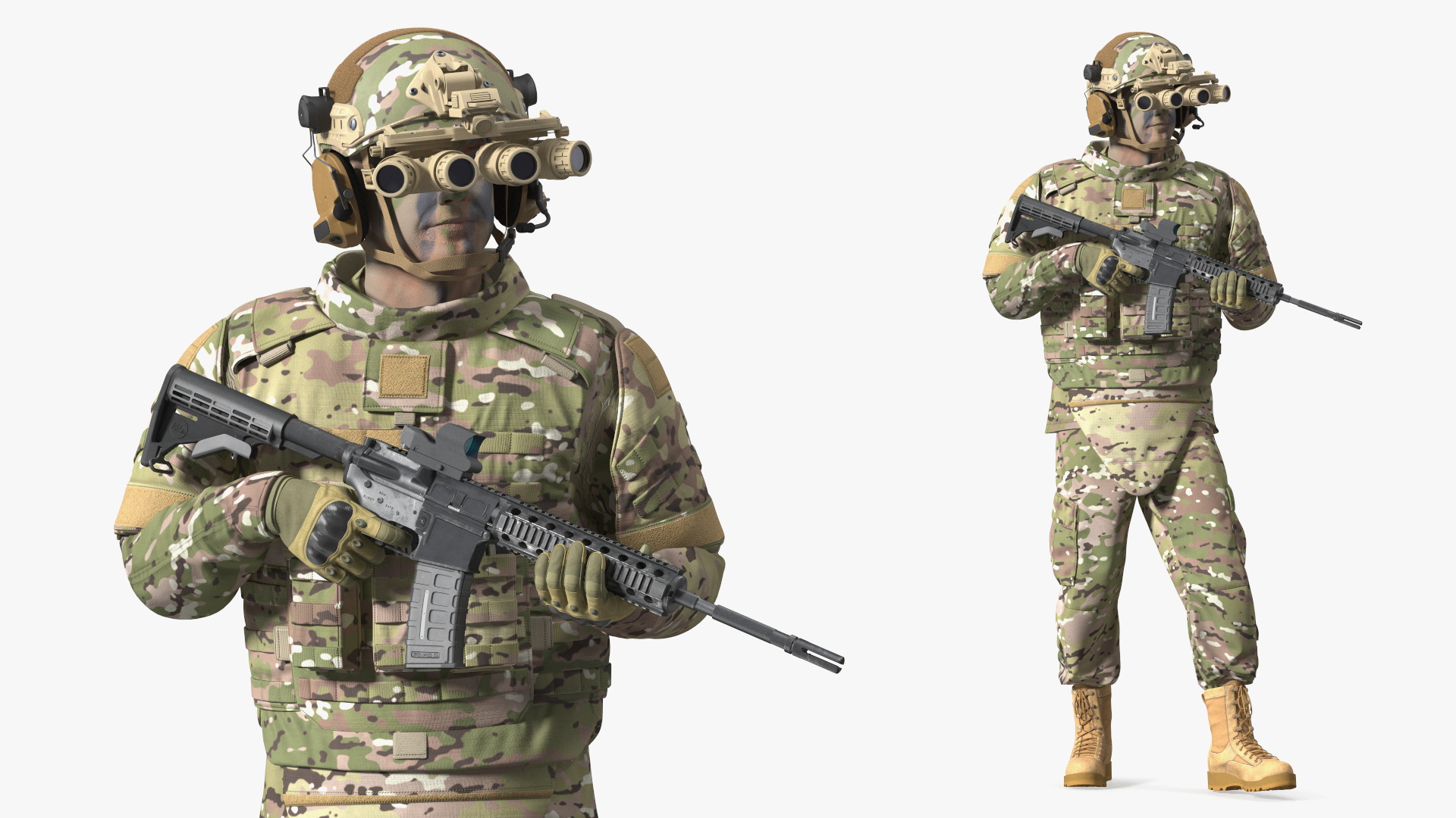 Soldier in Night Vision Goggles Green Camo Walking Fur 3D model