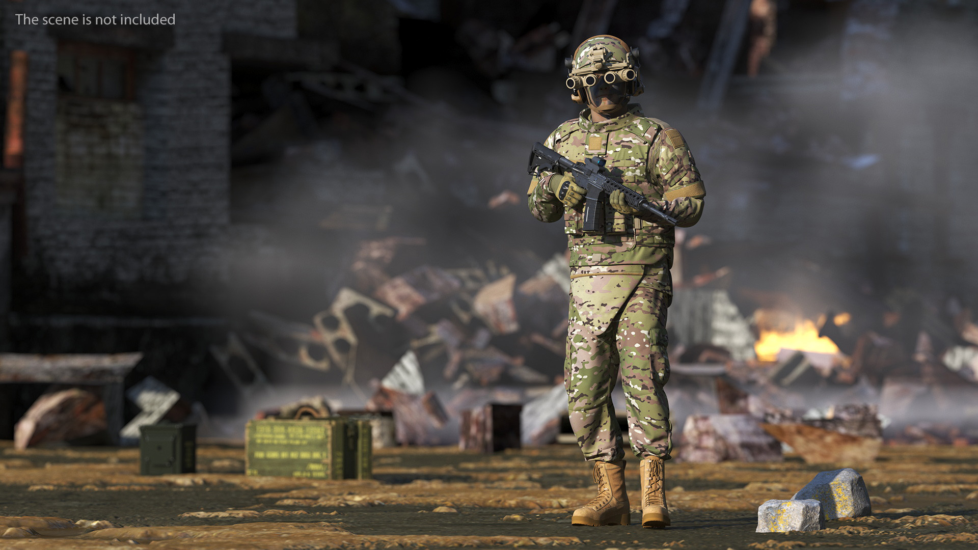 Soldier in Night Vision Goggles Green Camo Walking Fur 3D model