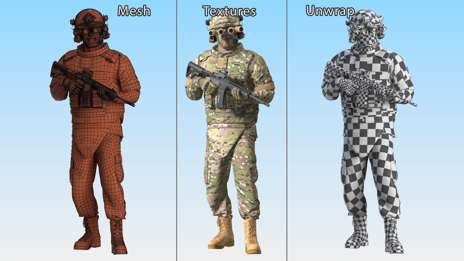 Soldier in Night Vision Goggles Green Camo Walking Fur 3D model