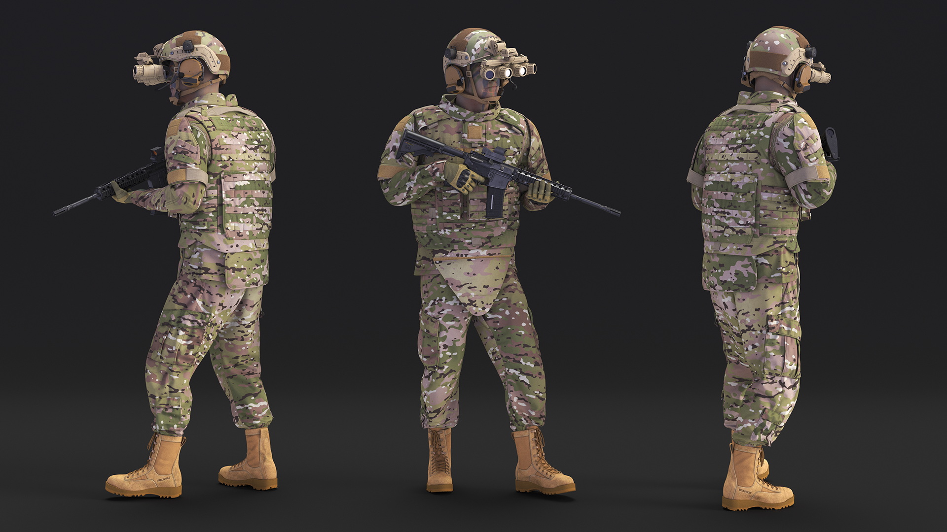 Soldier in Night Vision Goggles Green Camo Walking Fur 3D model