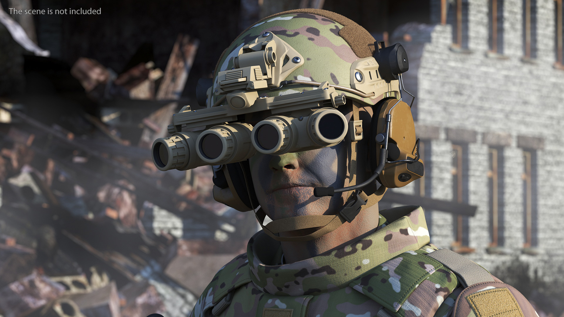 Soldier in Night Vision Goggles Green Camo Walking Fur 3D model