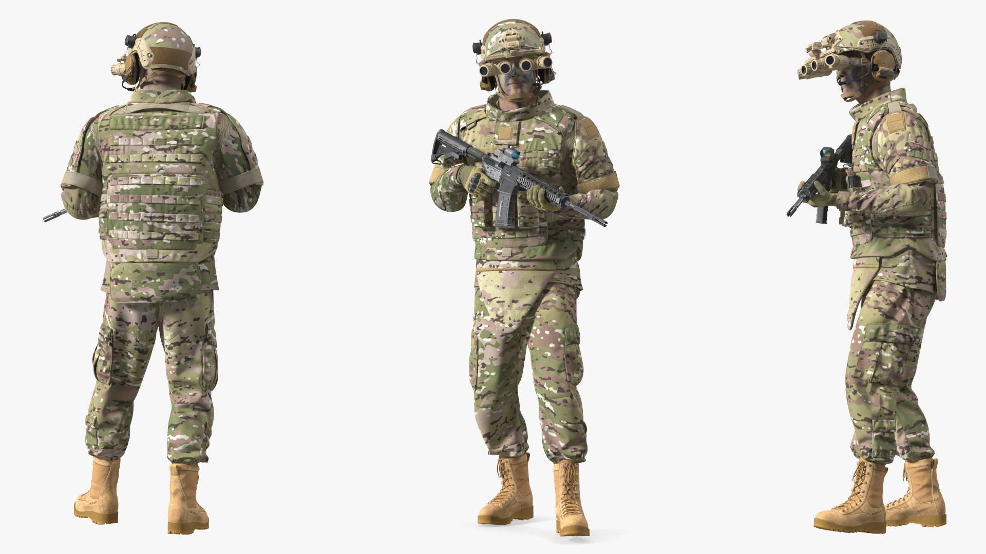 Soldier in Night Vision Goggles Green Camo Walking Fur 3D model