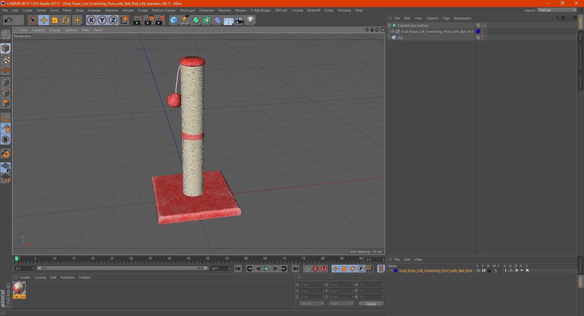 Sisal Rope Cat Scratching Post with Ball Red 3D model