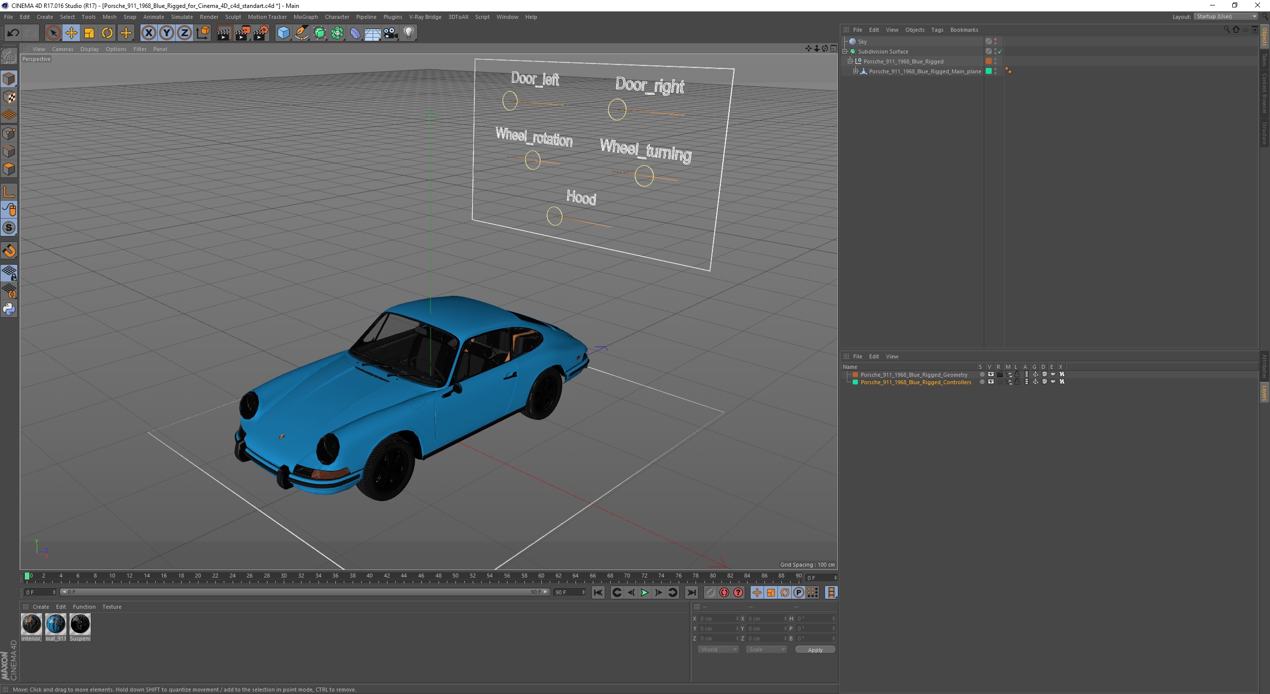 Porsche 911 1968 Blue Rigged for Cinema 4D 3D