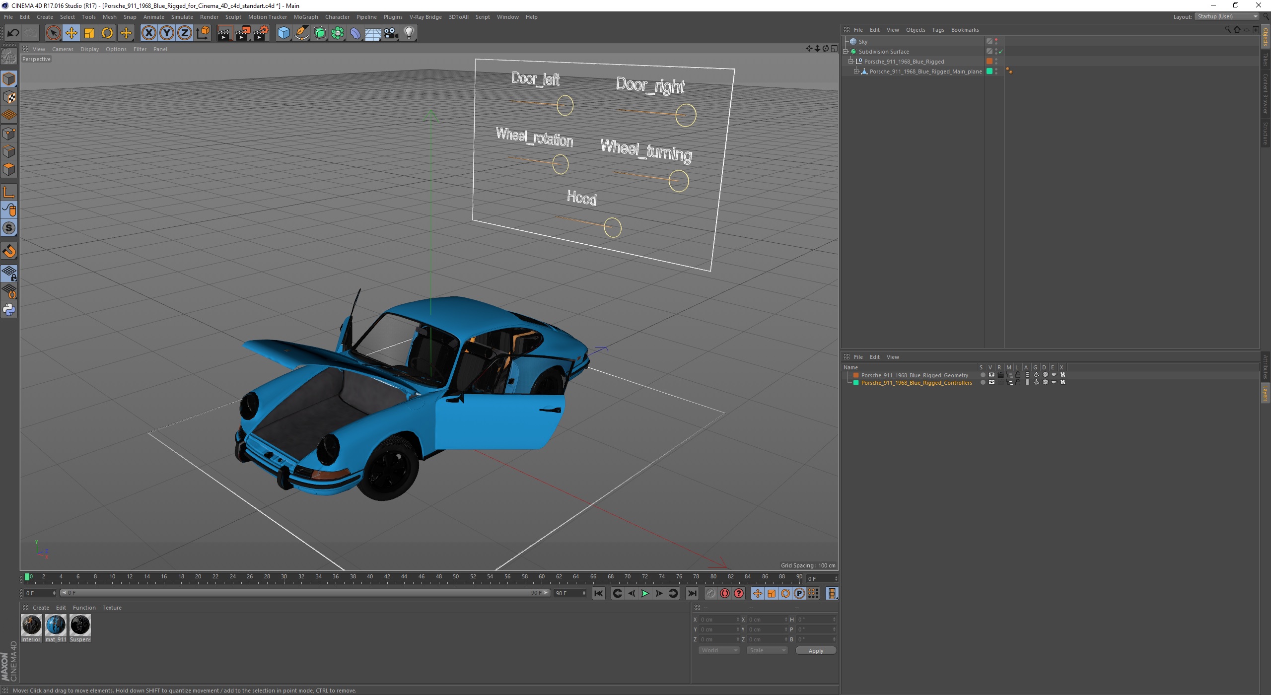 Porsche 911 1968 Blue Rigged for Cinema 4D 3D