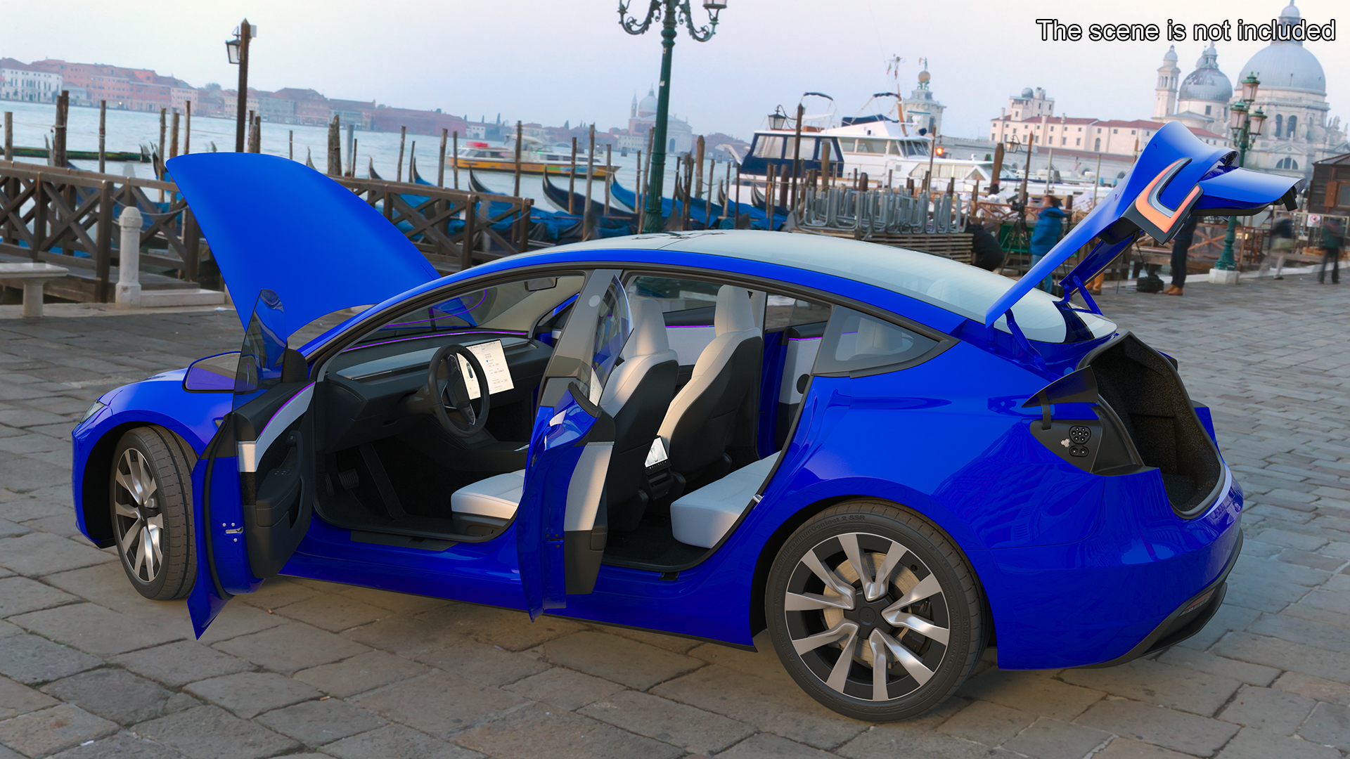 3D Modern Electric Car Blue Lights On Rigged