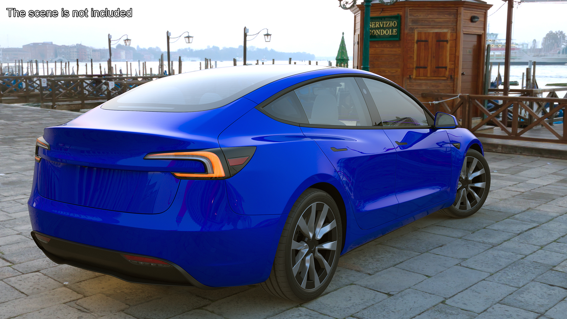 3D Modern Electric Car Blue Lights On Rigged