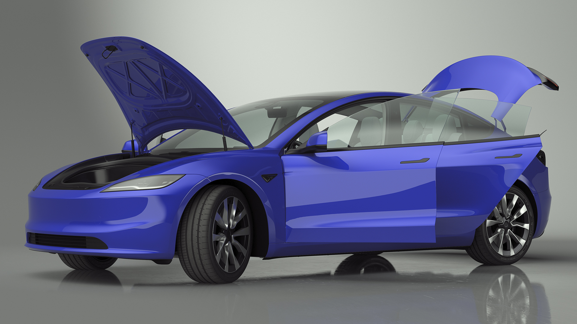 3D Modern Electric Car Blue Lights On Rigged