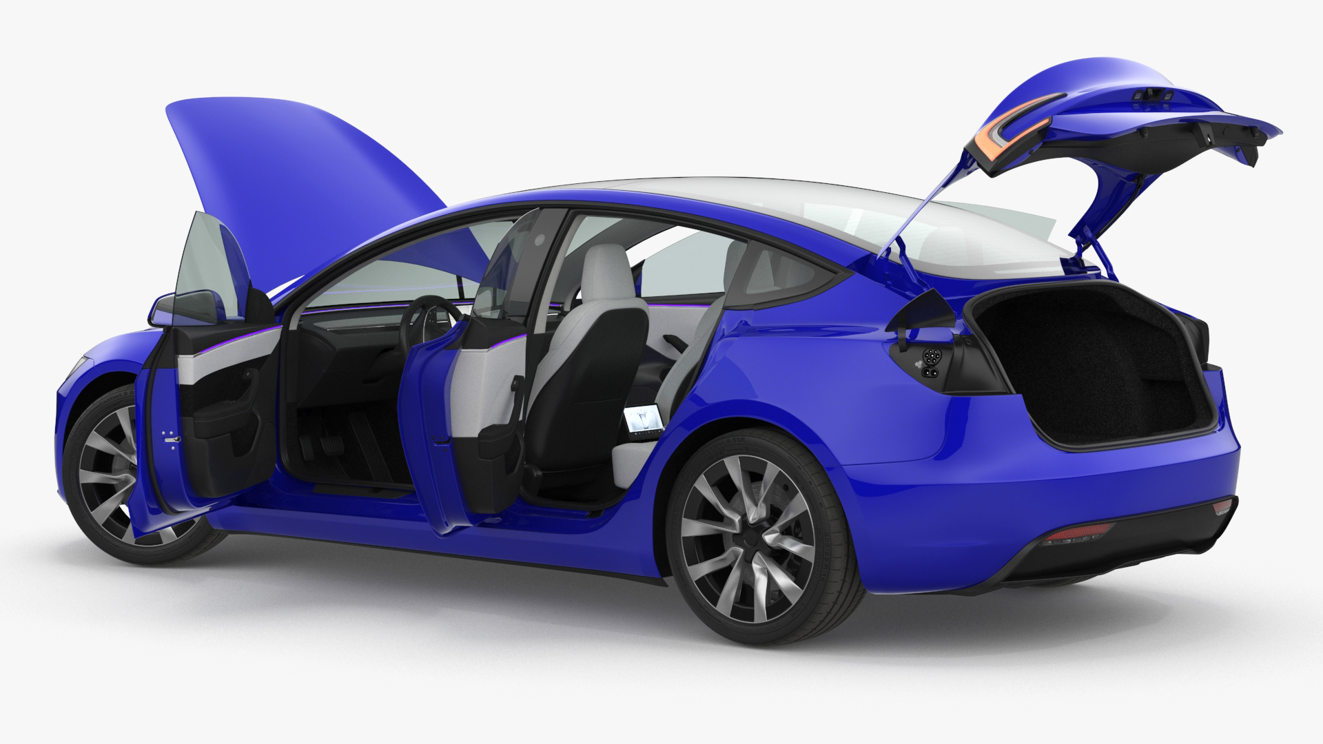 3D Modern Electric Car Blue Lights On Rigged