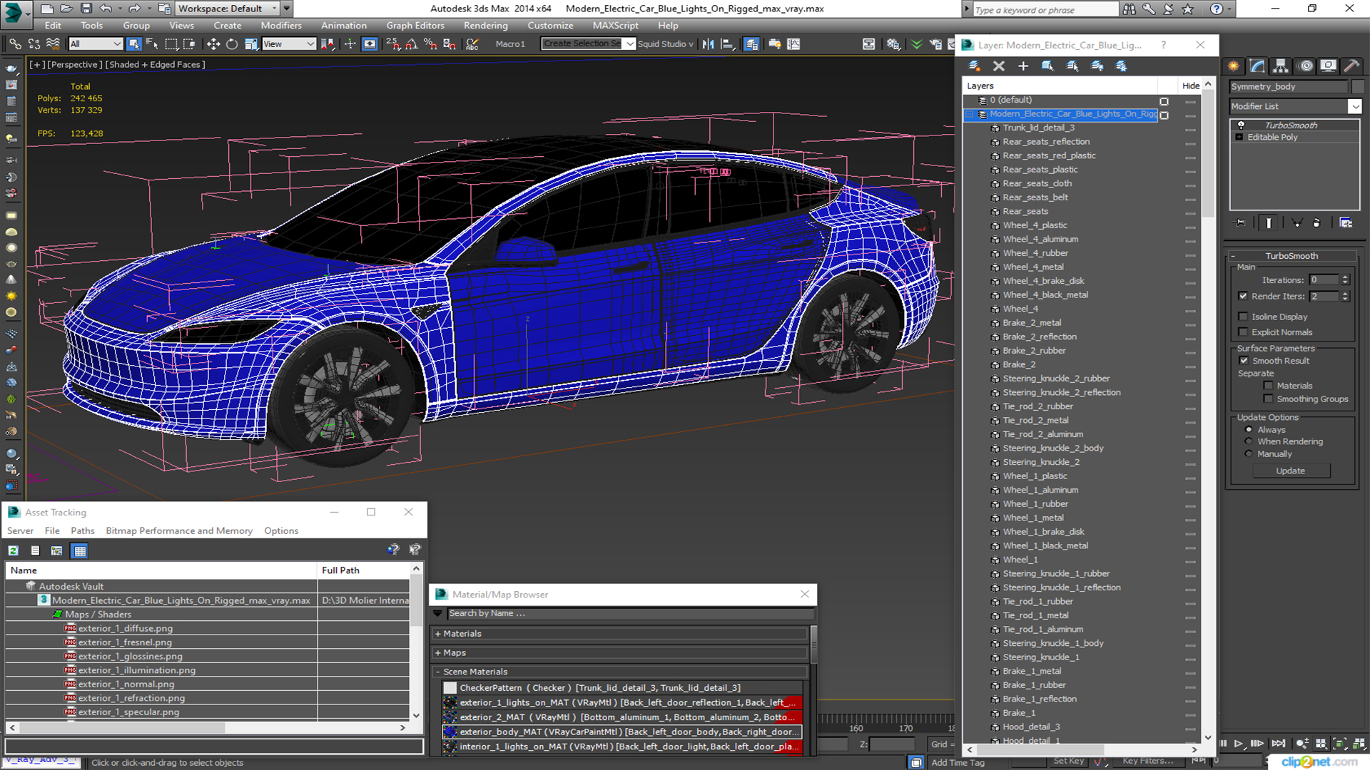 3D Modern Electric Car Blue Lights On Rigged