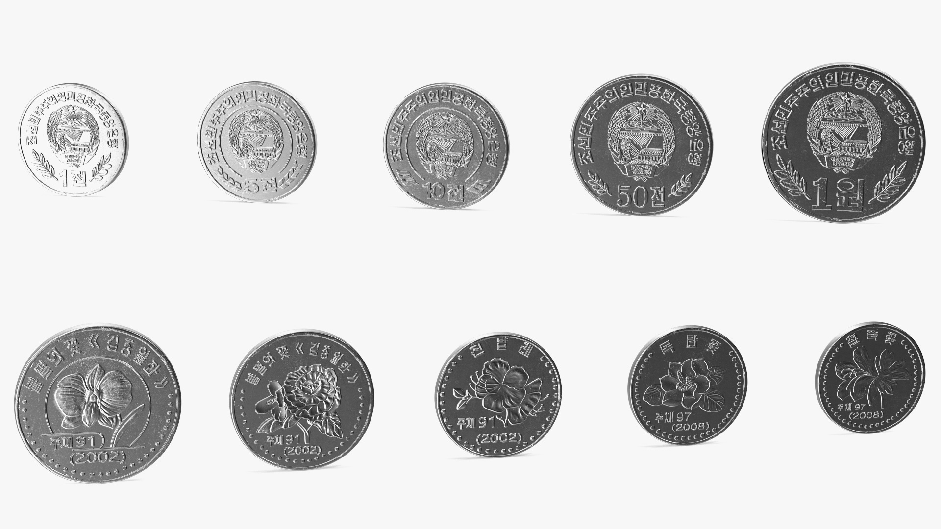 North Korea 2002 and 2008 Series Coins Set 3D